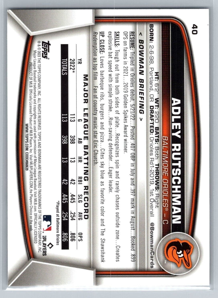 Adley Rutschman 2023 Bowman Rookie Card RC #40 Orioles - XFMSports