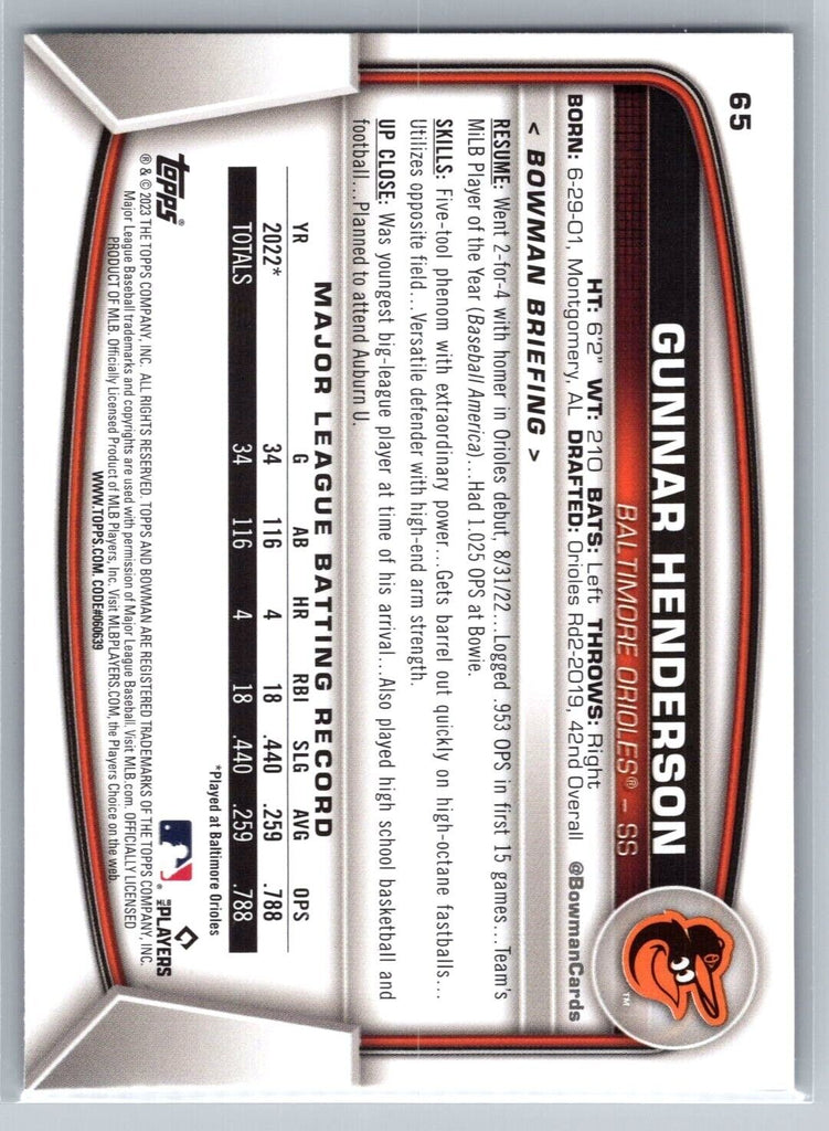 Gunnar Henderson 2023 Bowman Rookie Card RC #65 Orioles - XFMSports