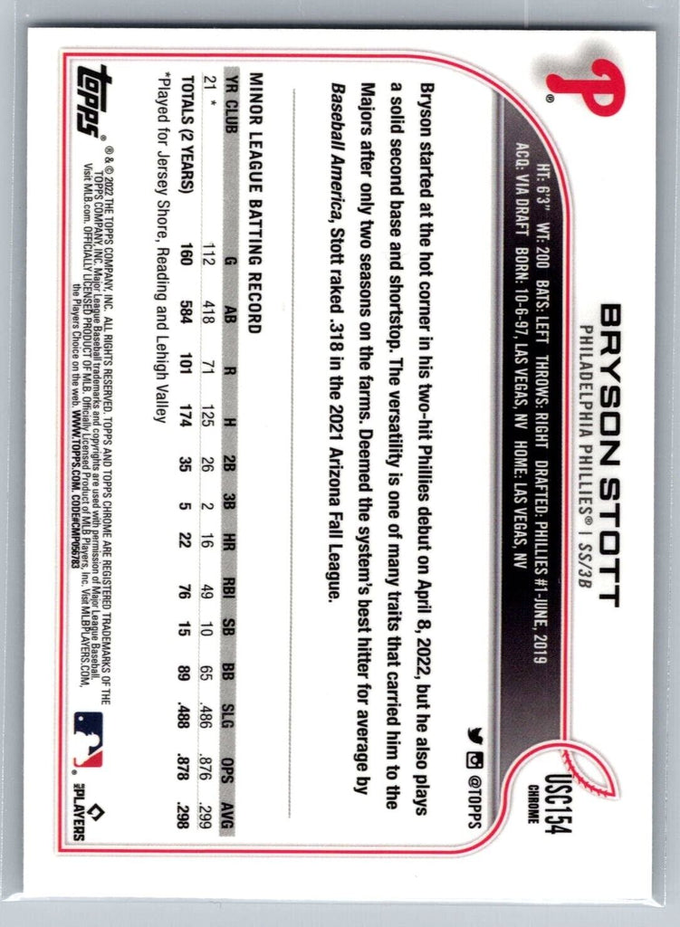 Bryson Stott 2022 Topps Chrome Update  Phillies Rookie Card RC #USC154 - XFMSports