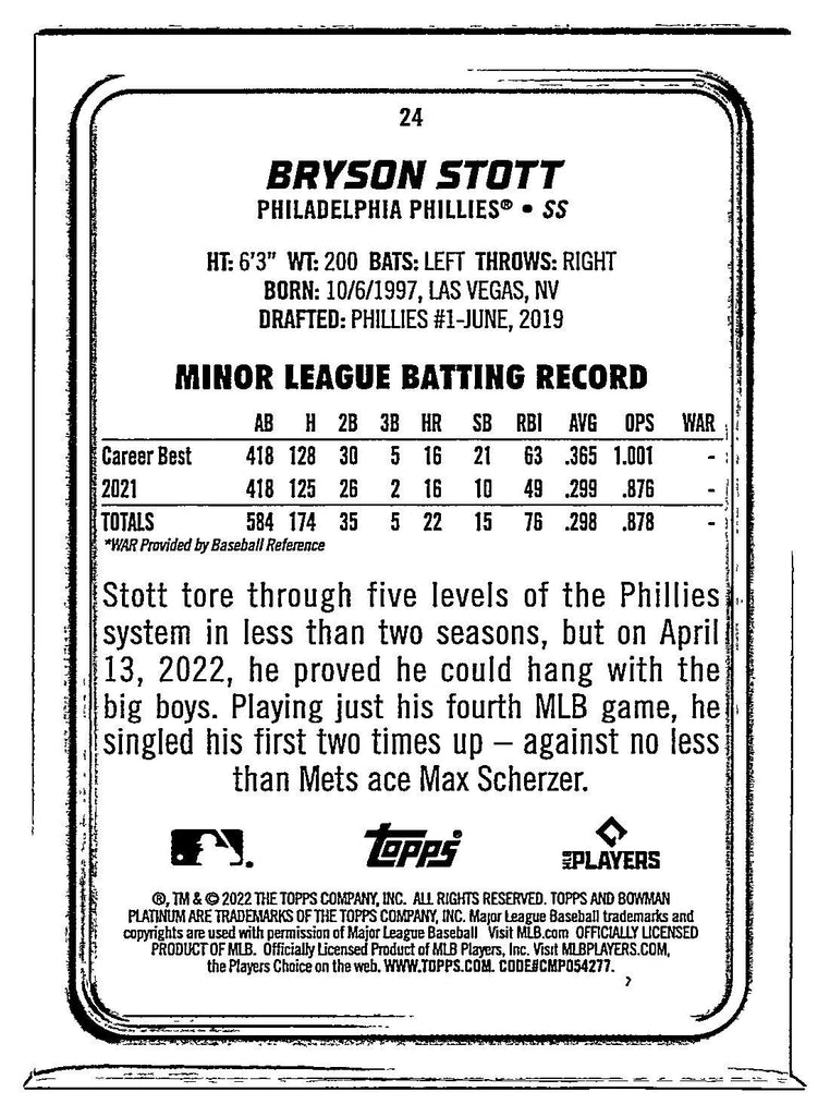 2022 Bowman Platinum Bryson Stott Rookie Card #24 Phillies - XFMSports