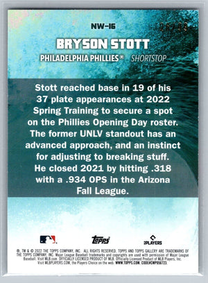 Bryson Stott 2022 Topps Gallery Next Wave Blue Rookie Card Phillies #'d/99 - XFMSports