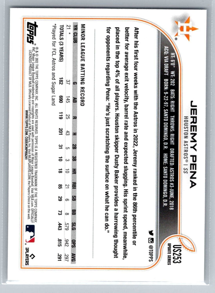 Jeremy Pena 2022 Topps Update Rookie Card Houston Astros #US253 - XFMSports
