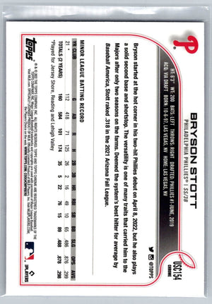 Bryson Stott 2022 Topps Chrome Update Purple Phillies Rookie Card RC #USC154 - XFMSports
