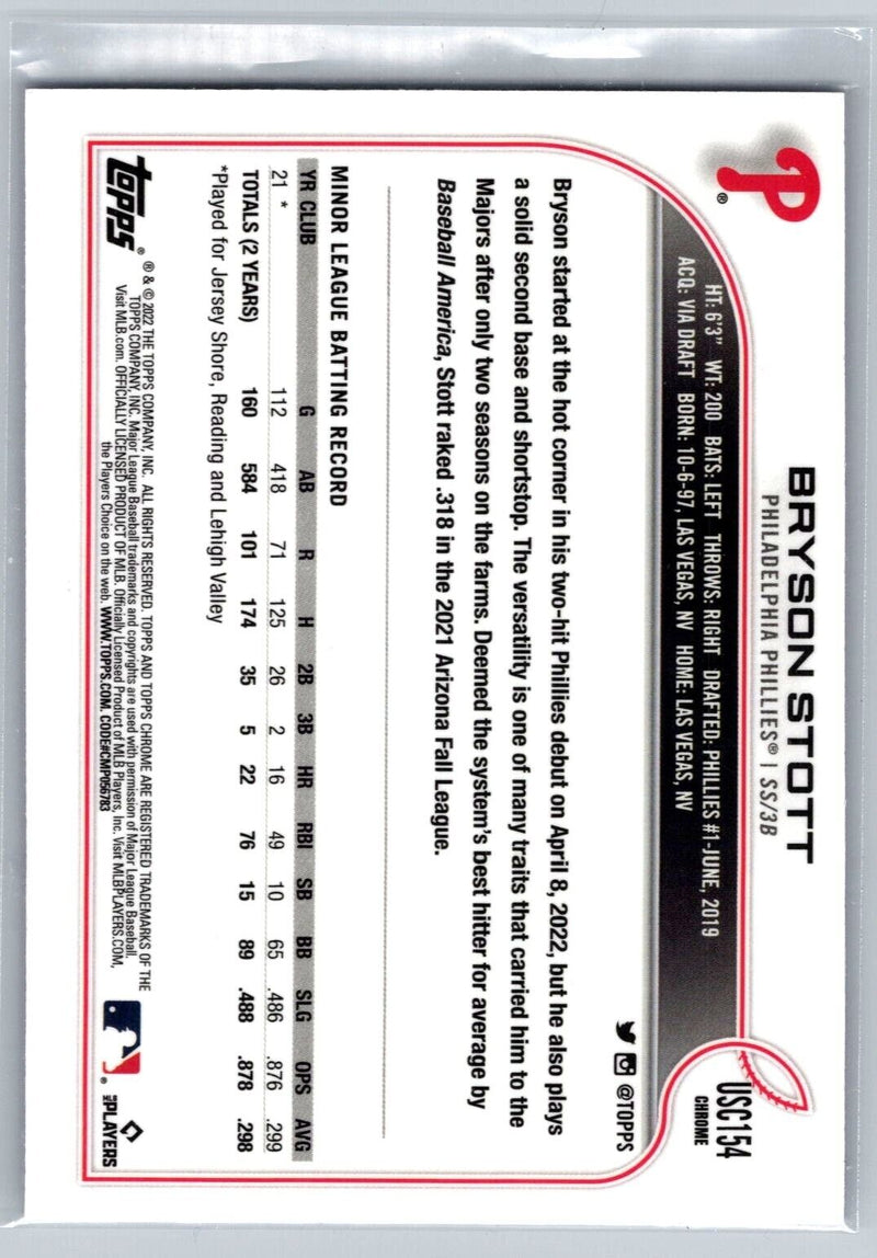 Bryson Stott 2022 Topps Chrome Update Purple Phillies Rookie Card RC #USC154 - XFMSports