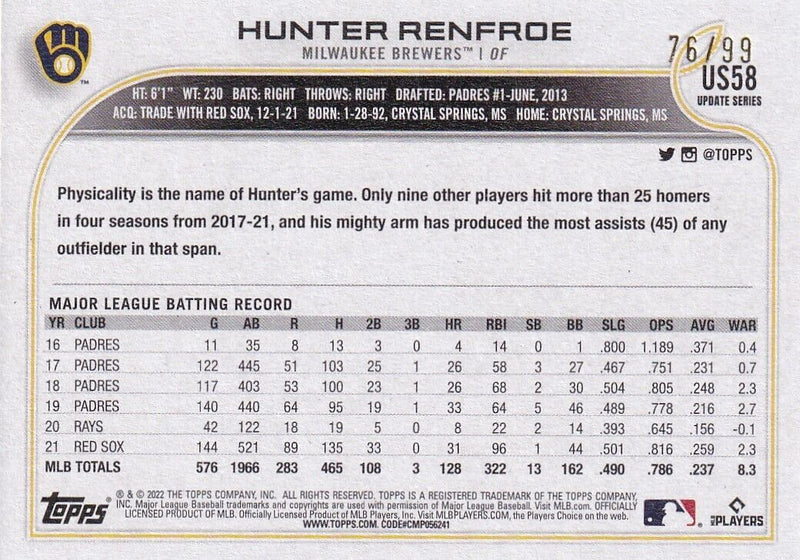 Hunter Renfroe 2022 Topps Update #US58 Vintage Stock Parallel #'d 76/99 - XFMSports