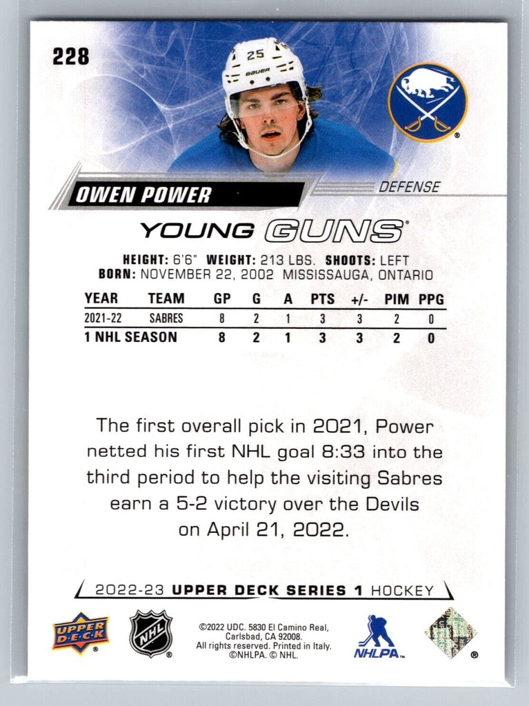 Owen Power 2022-23 Upper Deck Young Guns Rookie Card #228 Buffalo Sabres RC - XFMSports