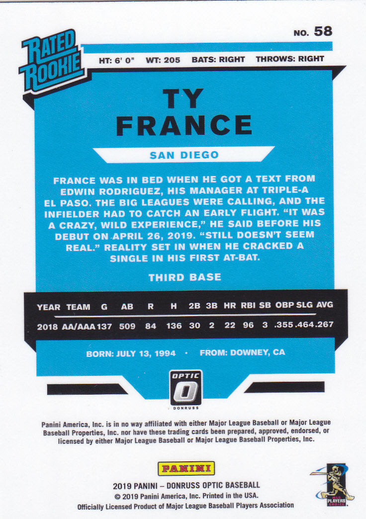 Ty France 2019 Donruss Optic Rookie Card #58 Mariners - XFMSports