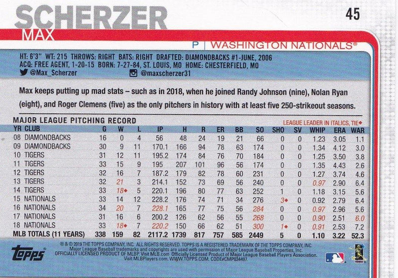 2019 Topps UTZ Max Scherzer Baseball Card #45 - XFMSports