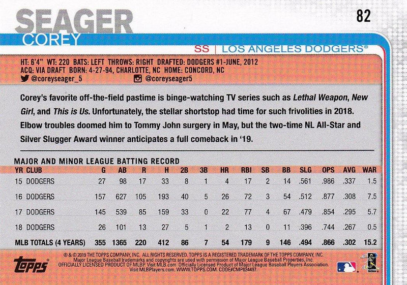 2019 Topps UTZ Corey Seager Baseball Card #82 - XFMSports